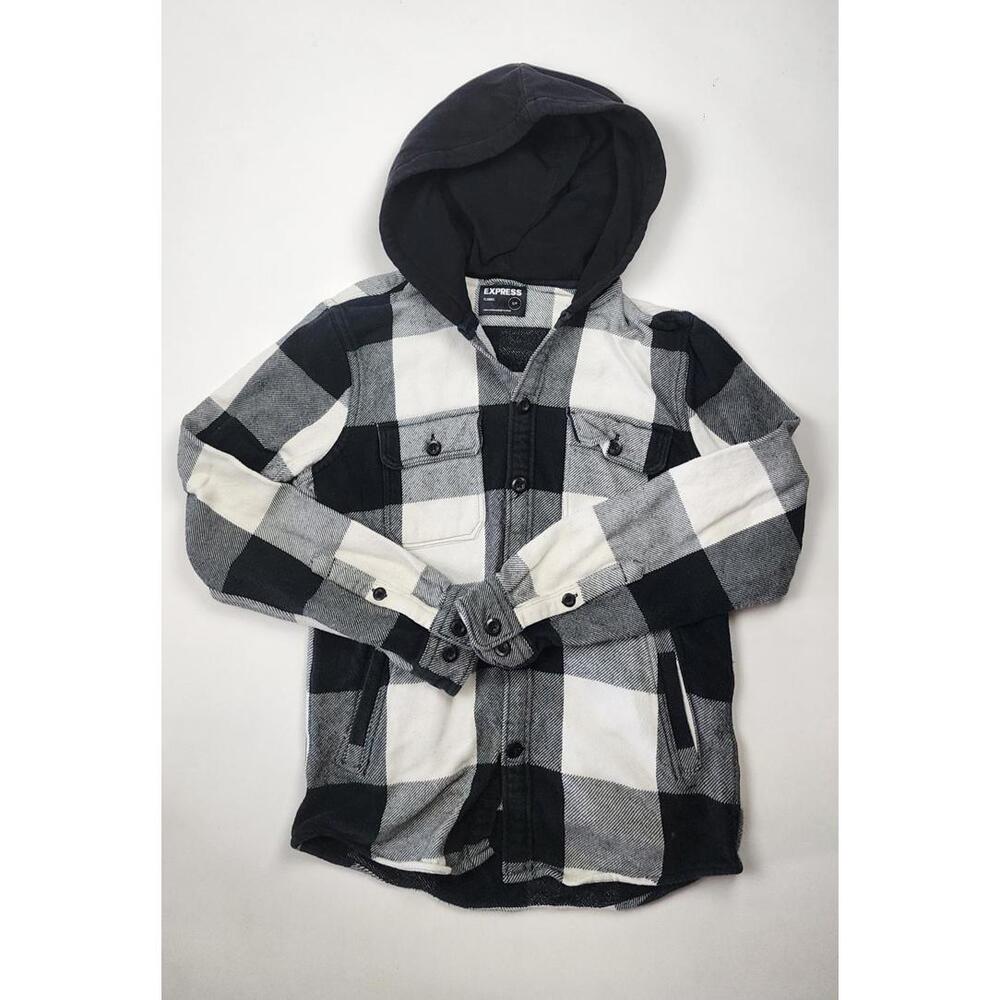 Men's Express Black and White Flannel Hoodie Shirt